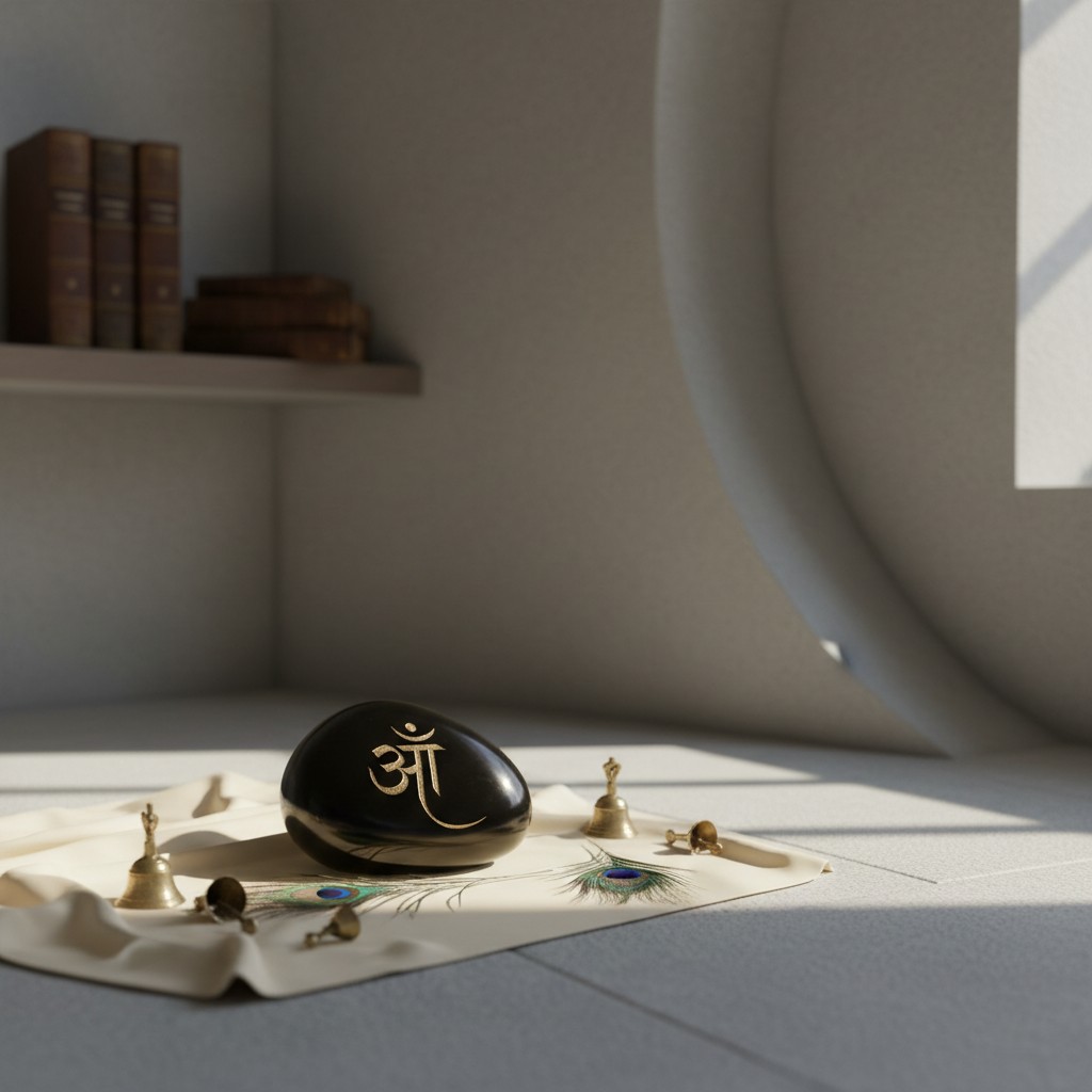 An arrangement of figurines and books lies scattered on a white mat adorned with peacock feathers, nestled in a serene and...