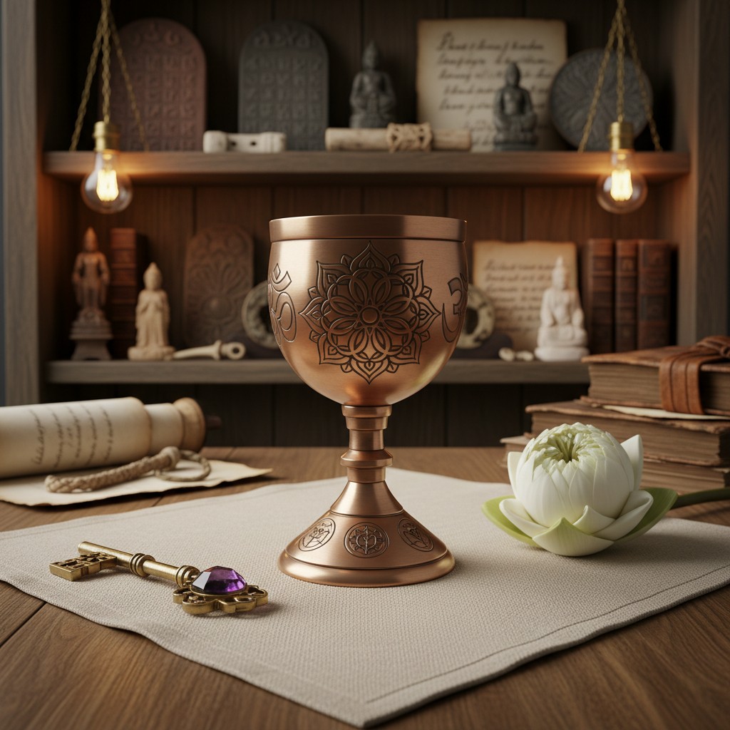 A copper chalice with a mandala design, a white lotus flower, and an ornate key adorned with a purple gemstone on a wooden...