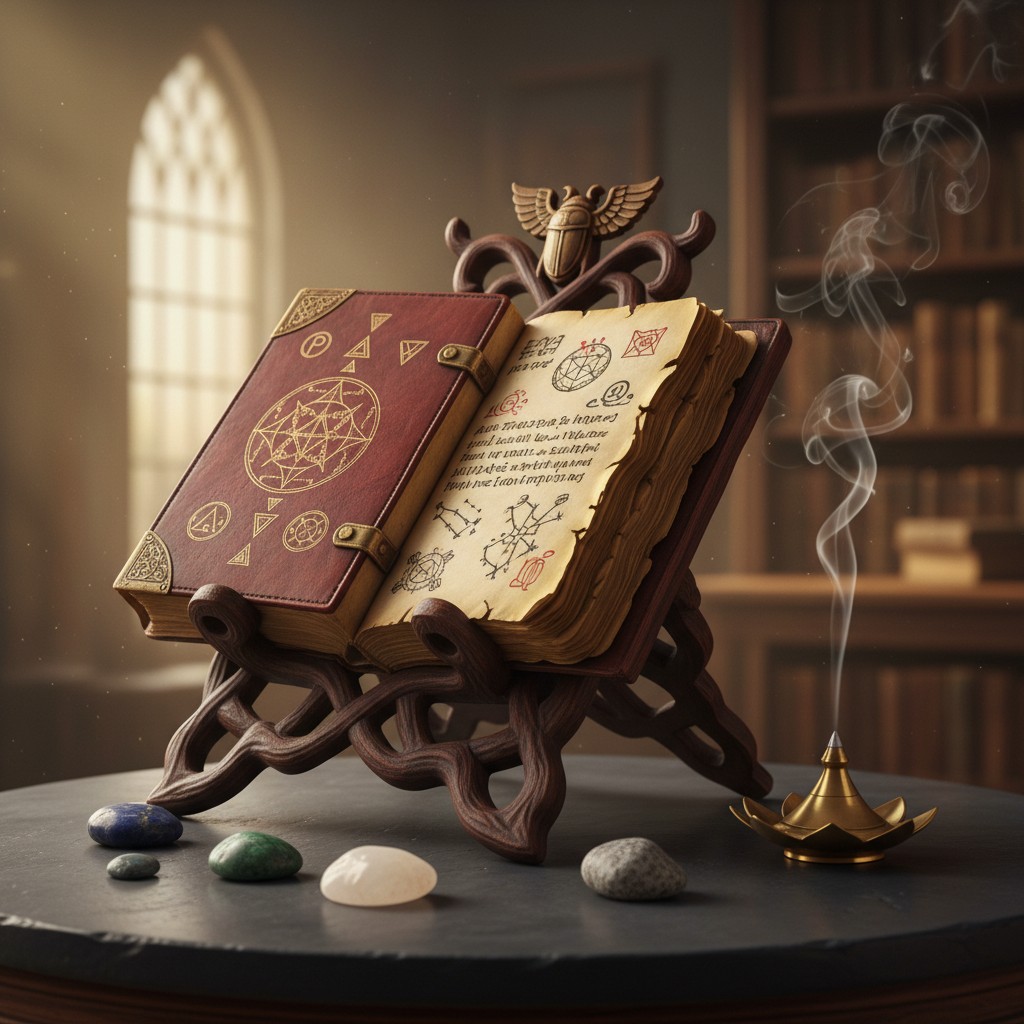 A 19th century or early 20th century wooden book stand, topped with an old book with a red and gold cloth cover. The open ...