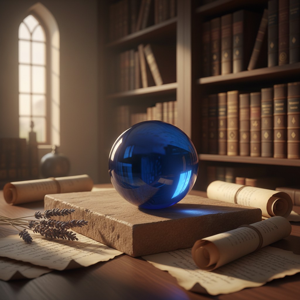 Detailed scene depicting blue glass ball in vintage studio setting with slight blurred background, reminiscent of old fair...